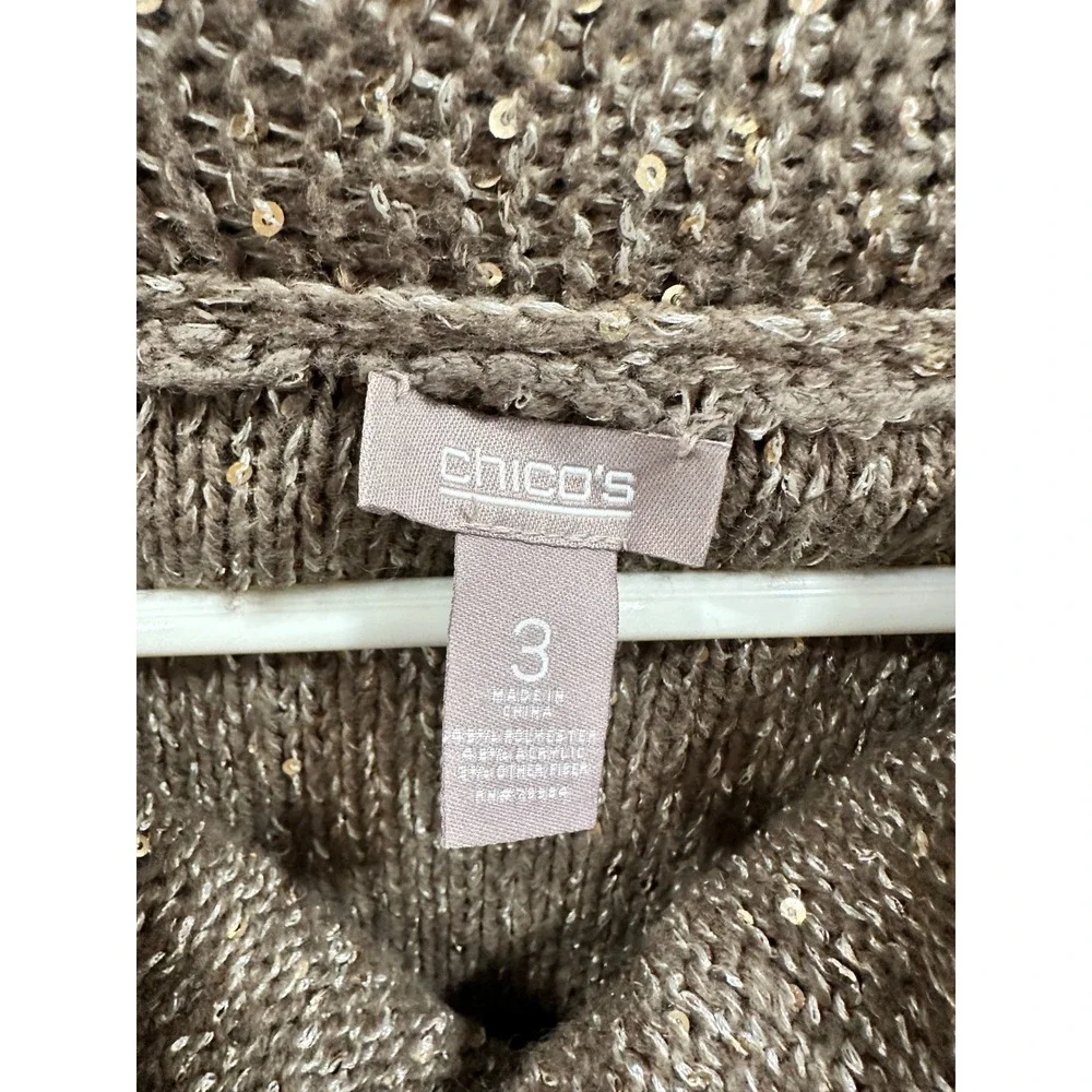 Chico's Cowl Neck Sweater Sparkle Sequins Knit Brown Women Size‎ XL 3